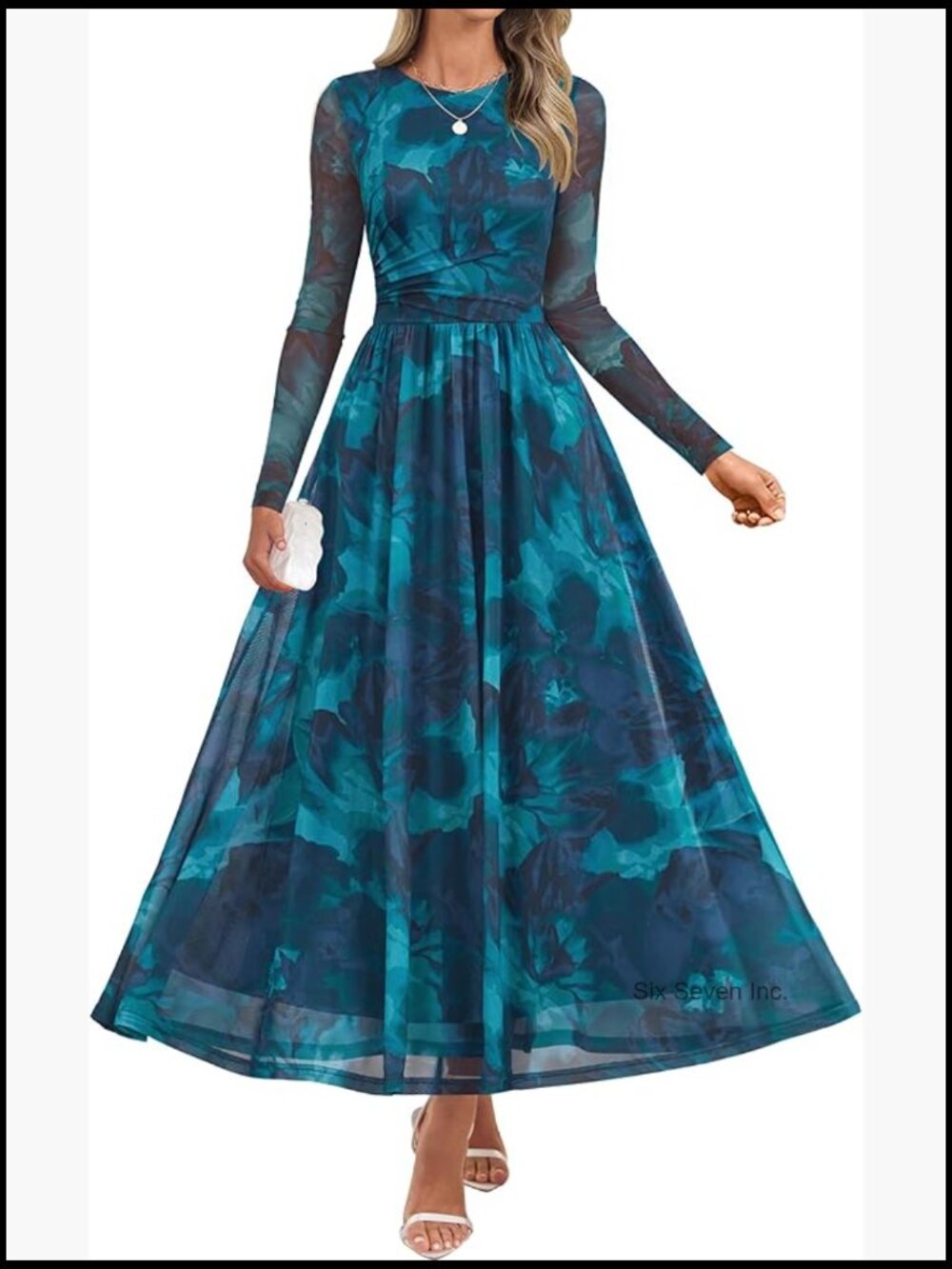 Floral Mesh Ruched Maxi Dress Long Sleeve Crewneck Party Wedding Guest Dress